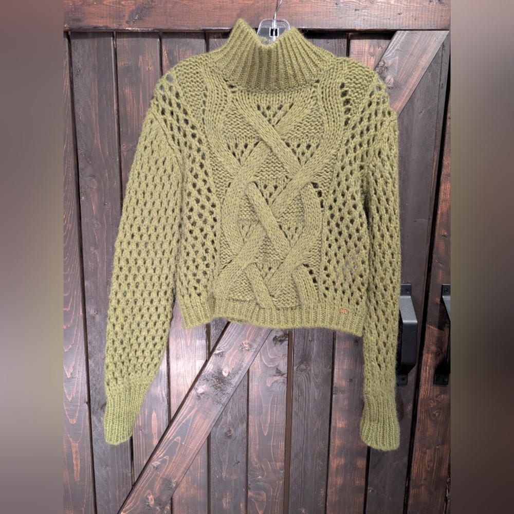 Gold Digger Denim, Olive Green Cable Knit Turtleneck Sweater